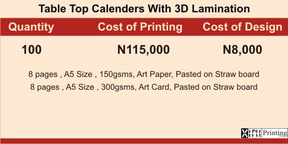 Calender Printing In Lagos | Prices